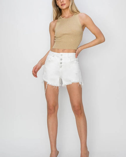 RISEN Button Fly Frayed Hem Denim Shorts - THE AMERICAN BLUE