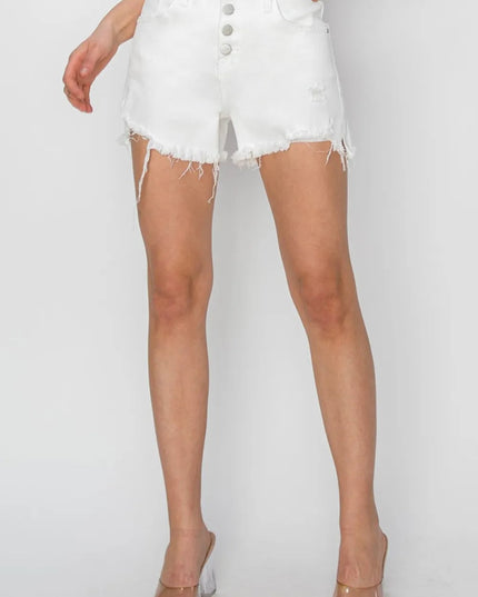 RISEN Button Fly Frayed Hem Denim Shorts - THE AMERICAN BLUE