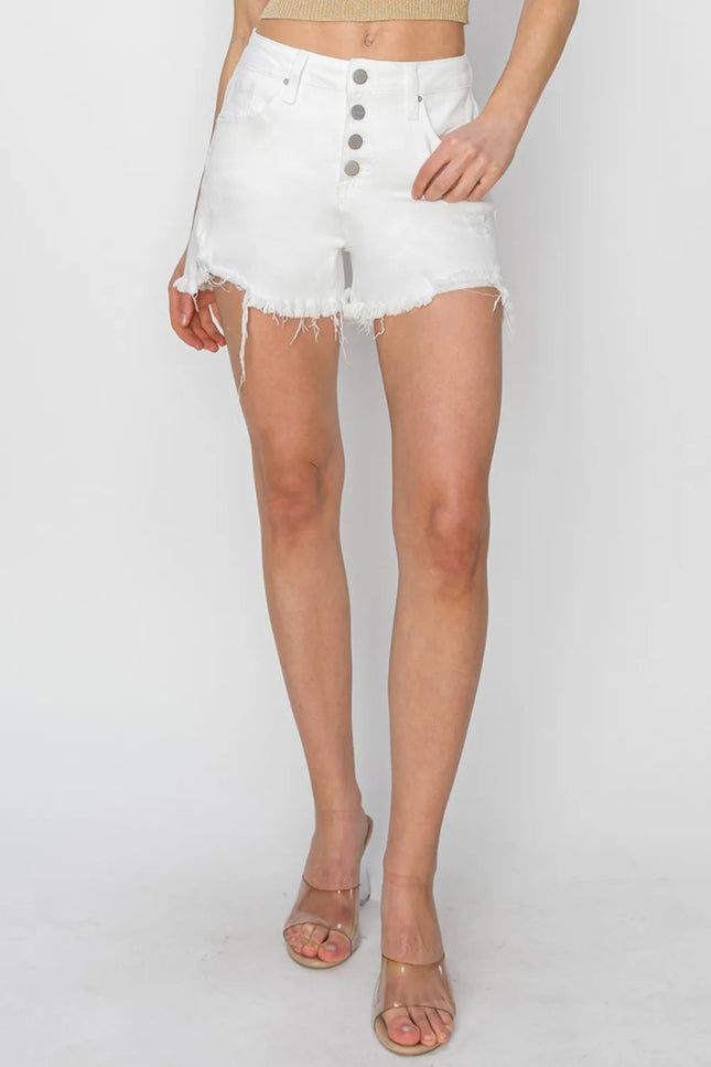 RISEN Button Fly Frayed Hem Denim Shorts - THE AMERICAN BLUE