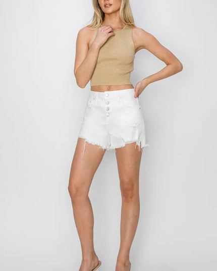 RISEN Button Fly Frayed Hem Denim Shorts - THE AMERICAN BLUE