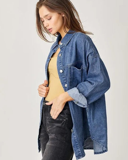 RISEN Button Up Drop Shoulder Denim Shacket - THE AMERICAN BLUE
