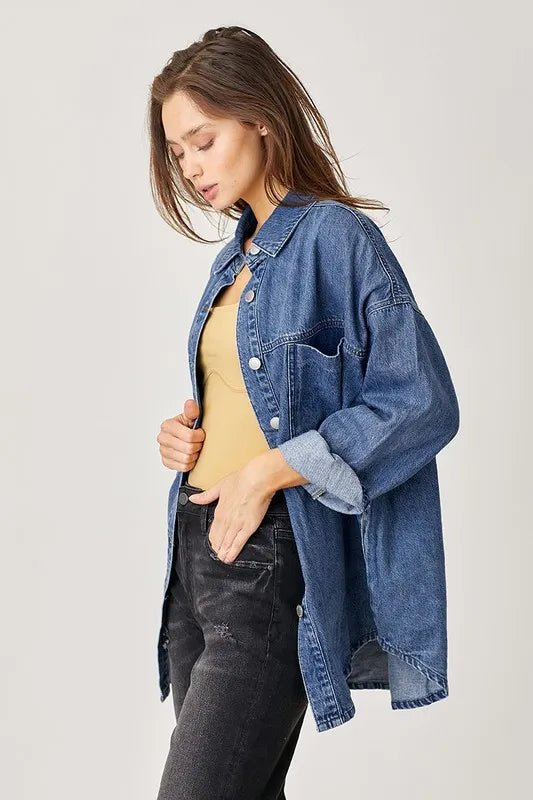 RISEN Button Up Drop Shoulder Denim Shacket - THE AMERICAN BLUE