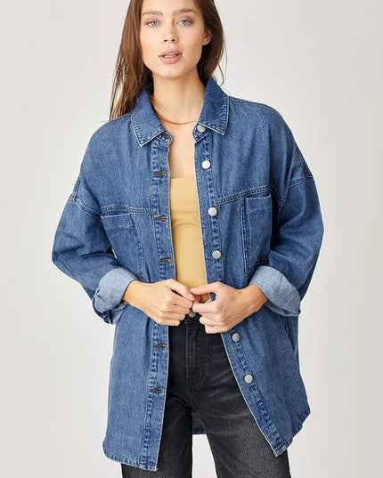 RISEN Button Up Drop Shoulder Denim Shacket - THE AMERICAN BLUE