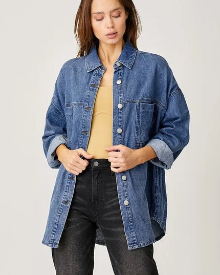 RISEN Button Up Drop Shoulder Denim Shacket - THE AMERICAN BLUE