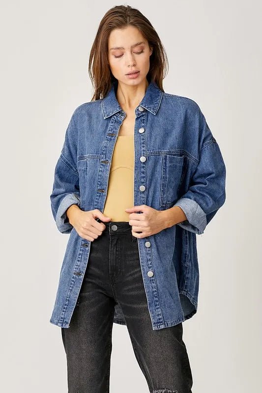 RISEN Button Up Drop Shoulder Denim Shacket - THE AMERICAN BLUE