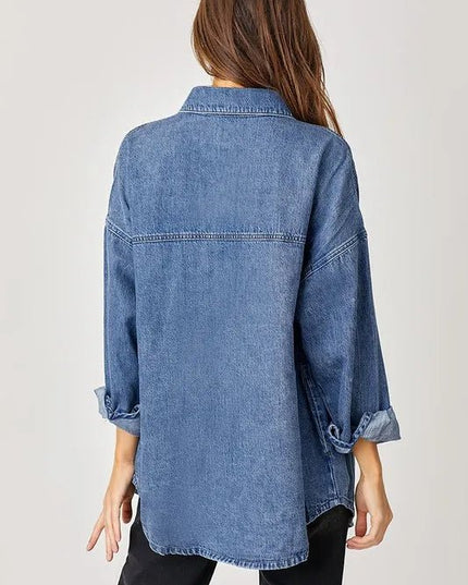 RISEN Button Up Drop Shoulder Denim Shacket - THE AMERICAN BLUE