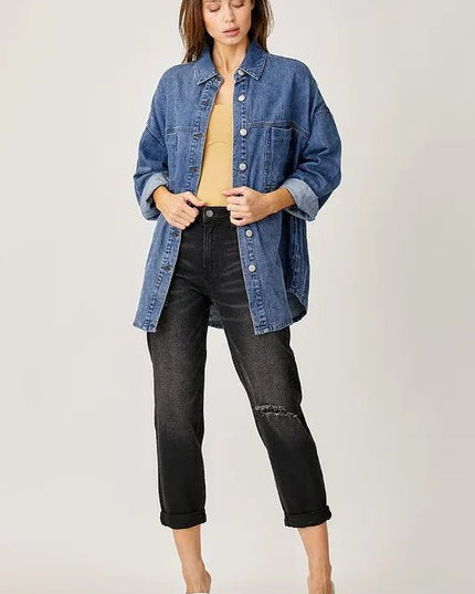 RISEN Button Up Drop Shoulder Denim Shacket - THE AMERICAN BLUE