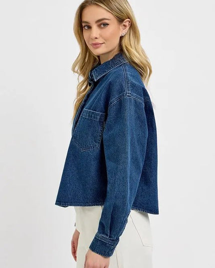 RISEN Button Up Long Sleeve Denim Shacket - THE AMERICAN BLUE