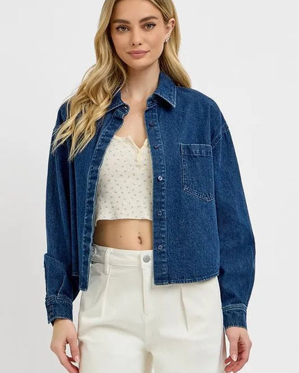 RISEN Button Up Long Sleeve Denim Shacket - THE AMERICAN BLUE