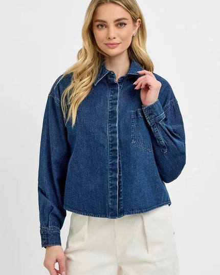 RISEN Button Up Long Sleeve Denim Shacket - THE AMERICAN BLUE