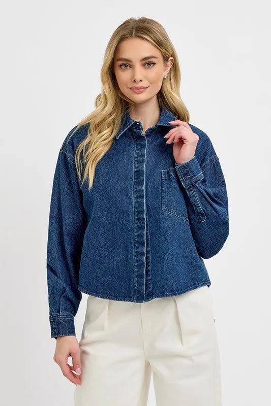 RISEN Button Up Long Sleeve Denim Shacket - THE AMERICAN BLUE