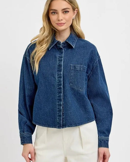 RISEN Button Up Long Sleeve Denim Shacket - THE AMERICAN BLUE