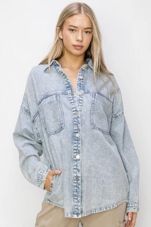 RISEN Button Up Long Sleeve Shacket - THE AMERICAN BLUE