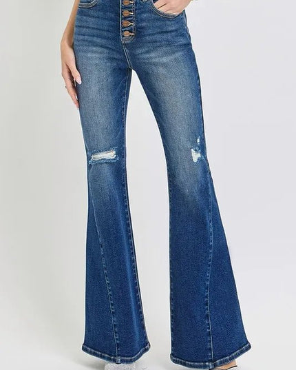 RISEN Distressed Button - Fly Flare Jeans - THE AMERICAN BLUE