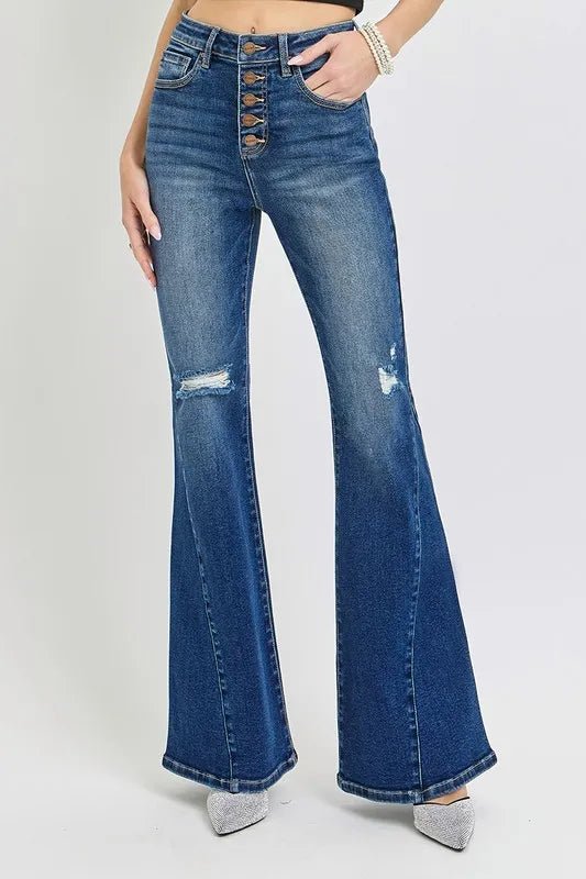 RISEN Distressed Button - Fly Flare Jeans - THE AMERICAN BLUE