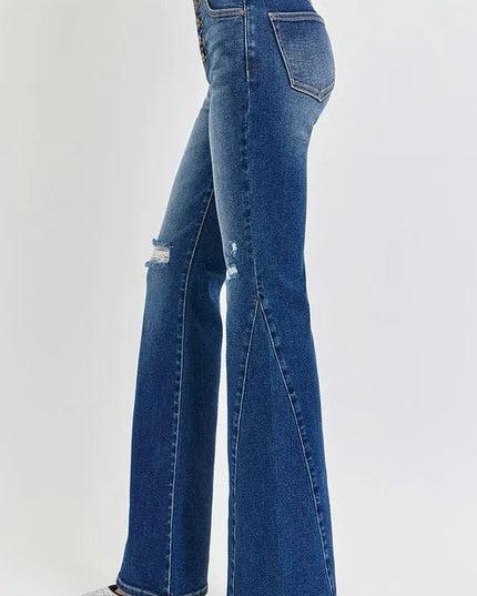 RISEN Distressed Button - Fly Flare Jeans - THE AMERICAN BLUE
