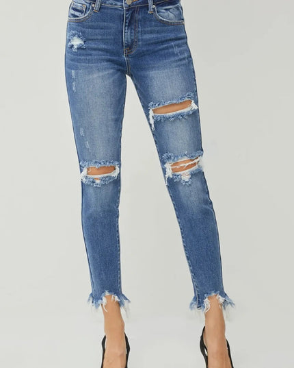 RISEN Distressed Frayed Hem Slim Jeans - THE AMERICAN BLUE