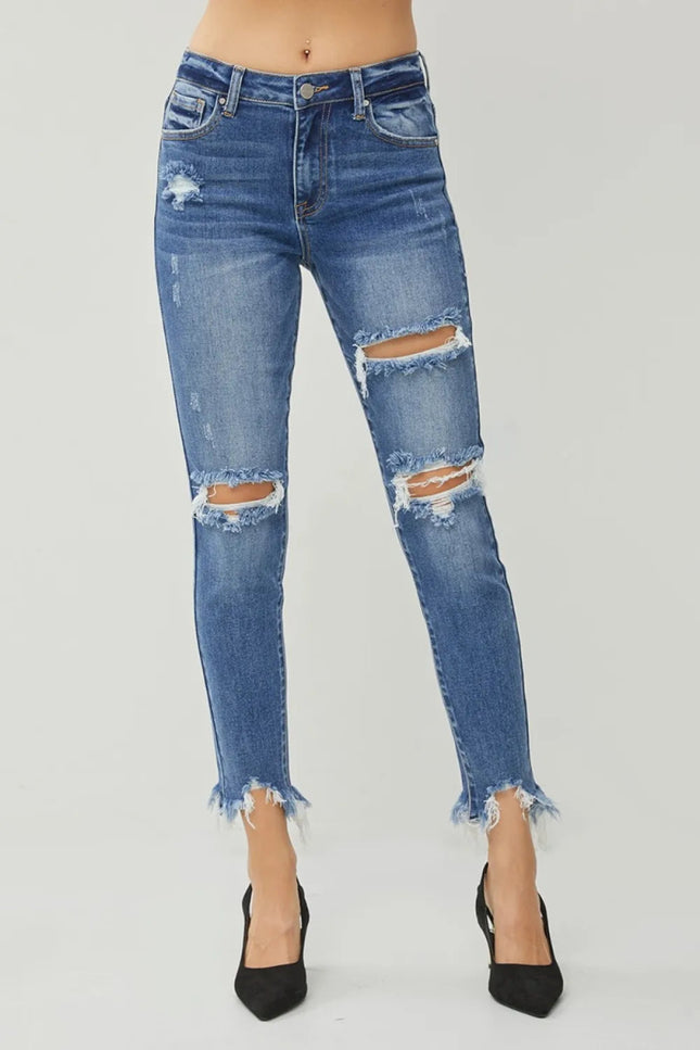 RISEN Distressed Frayed Hem Slim Jeans - THE AMERICAN BLUE