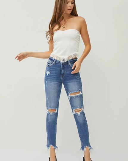 RISEN Distressed Frayed Hem Slim Jeans - THE AMERICAN BLUE