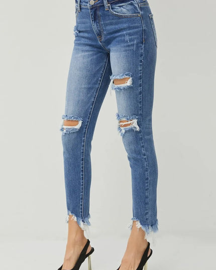 RISEN Distressed Frayed Hem Slim Jeans - THE AMERICAN BLUE