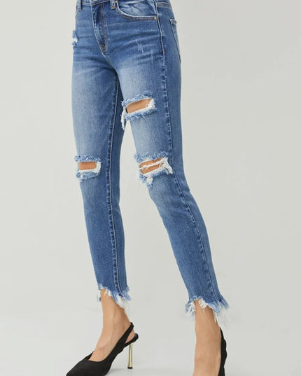 RISEN Distressed Frayed Hem Slim Jeans - THE AMERICAN BLUE