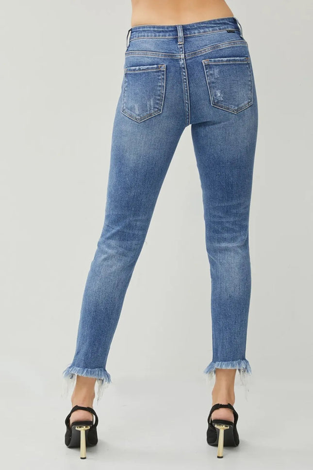 RISEN Distressed Frayed Hem Slim Jeans - THE AMERICAN BLUE