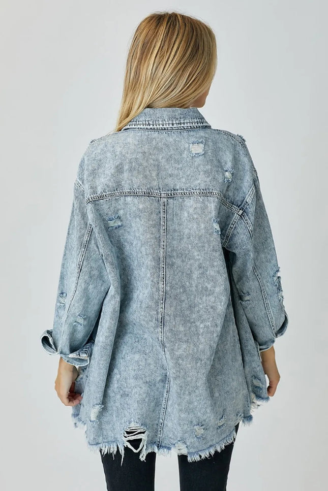 RISEN Distressed Raw Hem Denim Shirt - THE AMERICAN BLUE