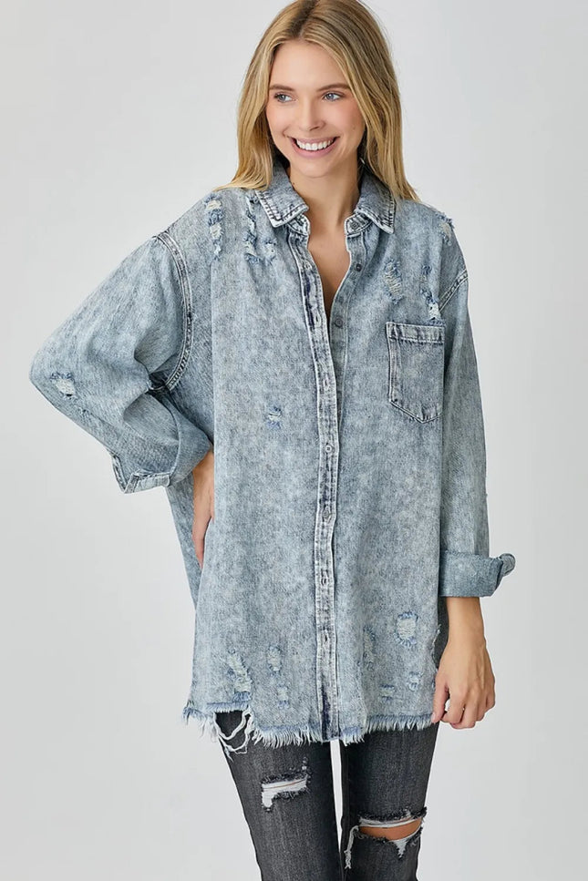 RISEN Distressed Raw Hem Denim Shirt - THE AMERICAN BLUE