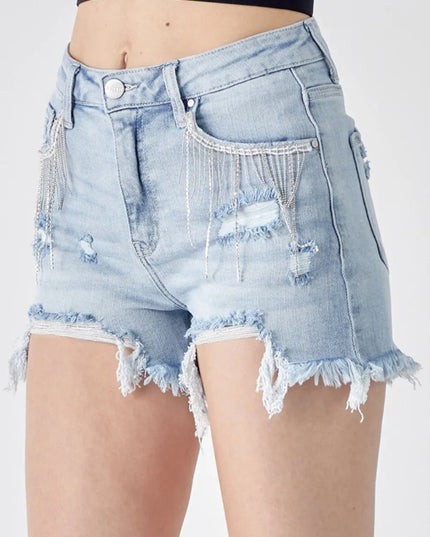 RISEN Frayed Hem Denim Shorts with Fringe Detail Pockets - THE AMERICAN BLUE