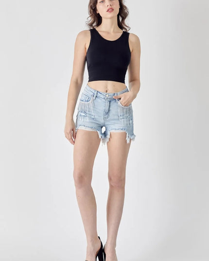 RISEN Frayed Hem Denim Shorts with Fringe Detail Pockets - THE AMERICAN BLUE