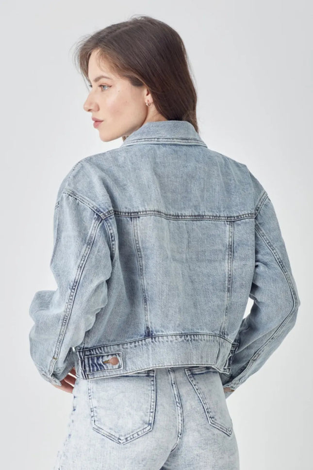RISEN Full Size Button Down Cropped Denim Jacket - THE AMERICAN BLUE