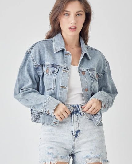 RISEN Full Size Button Down Cropped Denim Jacket - THE AMERICAN BLUE