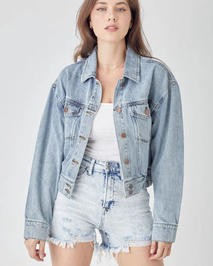 RISEN Full Size Button Down Cropped Denim Jacket - THE AMERICAN BLUE