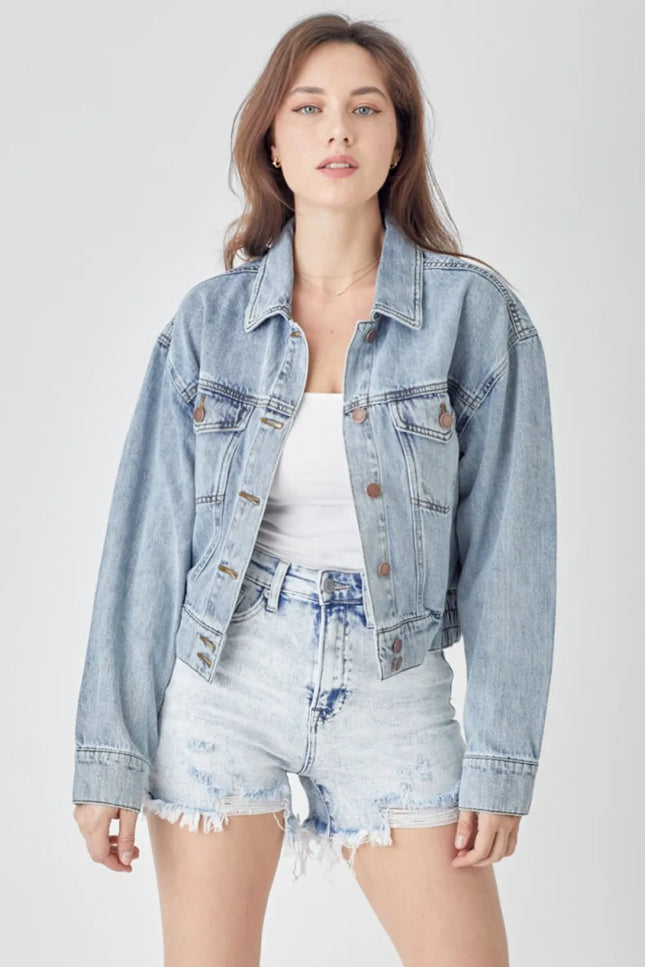 RISEN Full Size Button Down Cropped Denim Jacket - THE AMERICAN BLUE