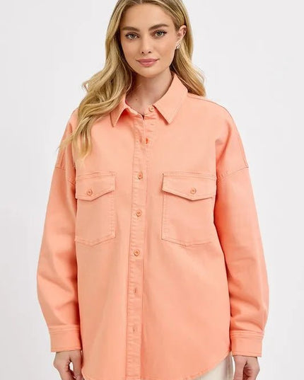RISEN Full Size Button Down Long Sleeve Denim Shacket with Chest Pockets Plus Size - THE AMERICAN BLUE
