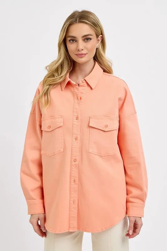 RISEN Full Size Button Down Long Sleeve Denim Shacket with Chest Pockets Plus Size - THE AMERICAN BLUE