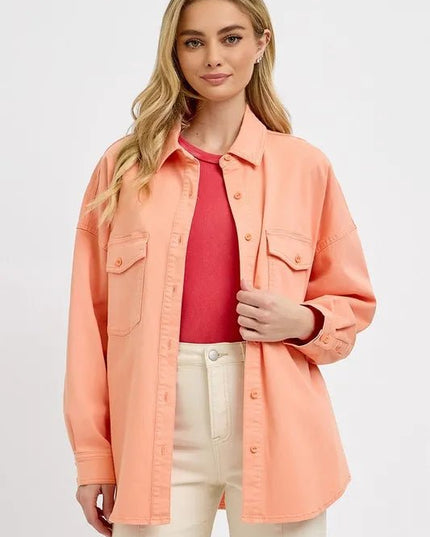 RISEN Full Size Button Down Long Sleeve Denim Shacket with Chest Pockets Plus Size - THE AMERICAN BLUE