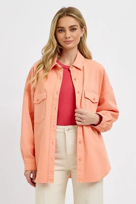 RISEN Full Size Button Down Long Sleeve Denim Shacket with Chest Pockets Plus Size - THE AMERICAN BLUE
