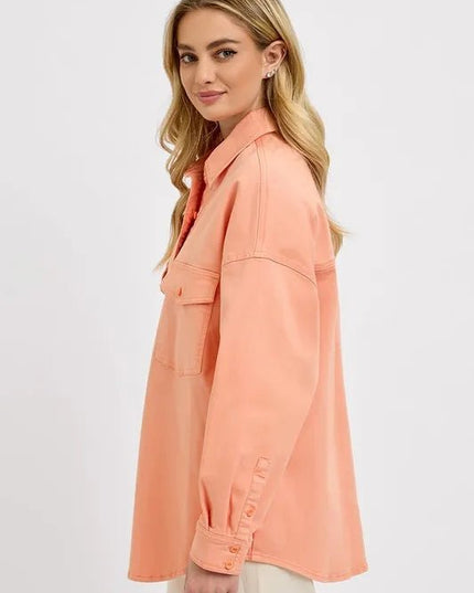 RISEN Full Size Button Down Long Sleeve Denim Shacket with Chest Pockets Plus Size - THE AMERICAN BLUE