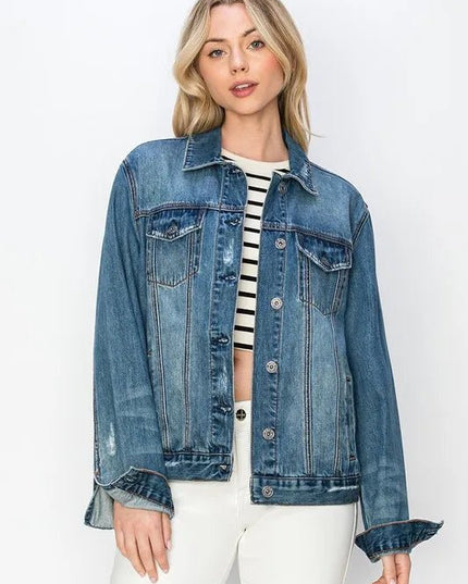 RISEN Full Size Distressed Button Up Jacket - THE AMERICAN BLUE