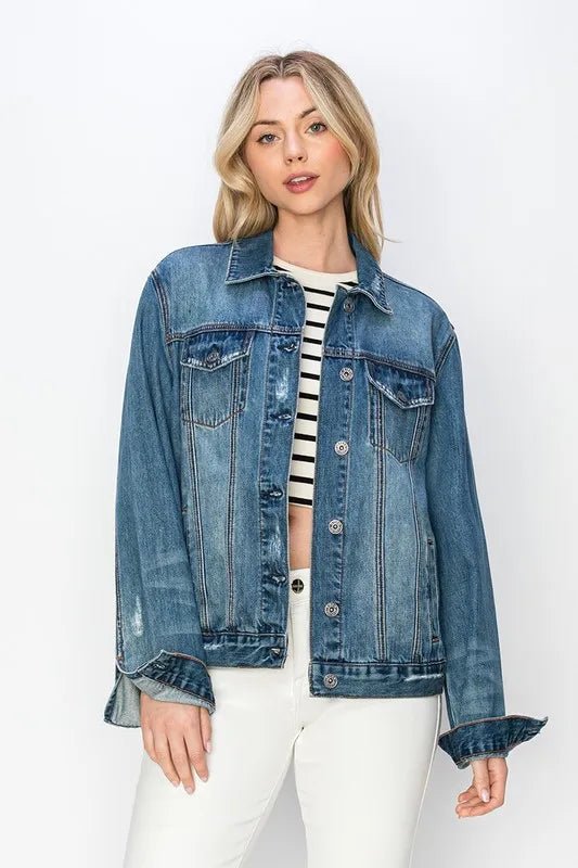 RISEN Full Size Distressed Button Up Jacket - THE AMERICAN BLUE