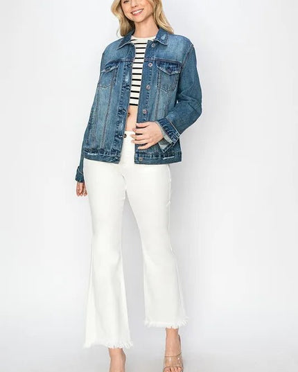 RISEN Full Size Distressed Button Up Jacket - THE AMERICAN BLUE