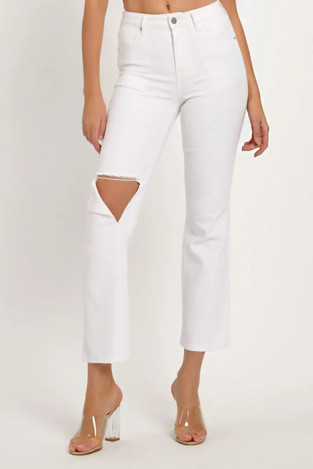 RISEN Full Size Distressed Cropped Straight Jeans - THE AMERICAN BLUE