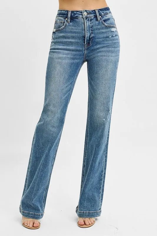 RISEN Full Size Distressed Detail Bootcut Jeans Plus Size - THE AMERICAN BLUE