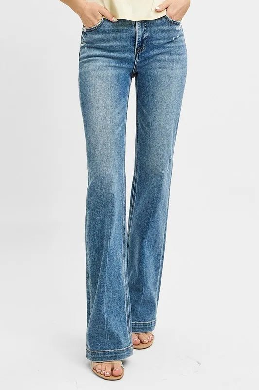 RISEN Full Size Distressed Detail Bootcut Jeans Plus Size - THE AMERICAN BLUE