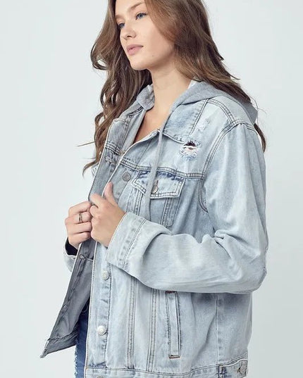 RISEN Full Size Distressed Drawstring Hooded Denim Jacket - THE AMERICAN BLUE