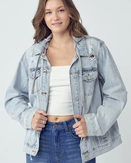 RISEN Full Size Distressed Drawstring Hooded Denim Jacket - THE AMERICAN BLUE
