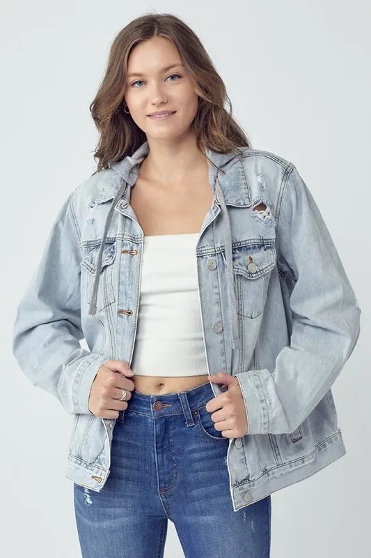 RISEN Full Size Distressed Drawstring Hooded Denim Jacket - THE AMERICAN BLUE