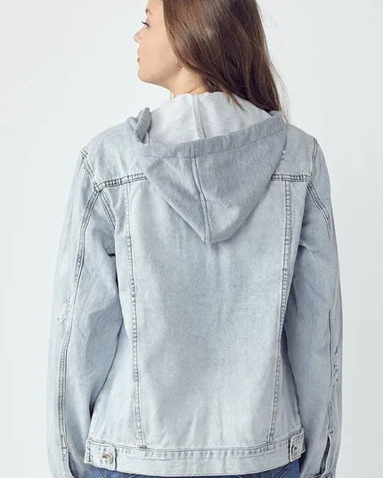 RISEN Full Size Distressed Drawstring Hooded Denim Jacket - THE AMERICAN BLUE