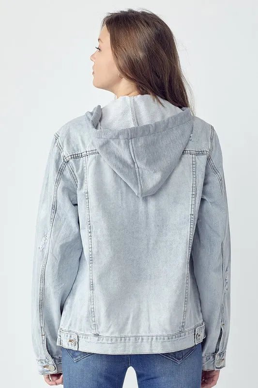 RISEN Full Size Distressed Drawstring Hooded Denim Jacket - THE AMERICAN BLUE